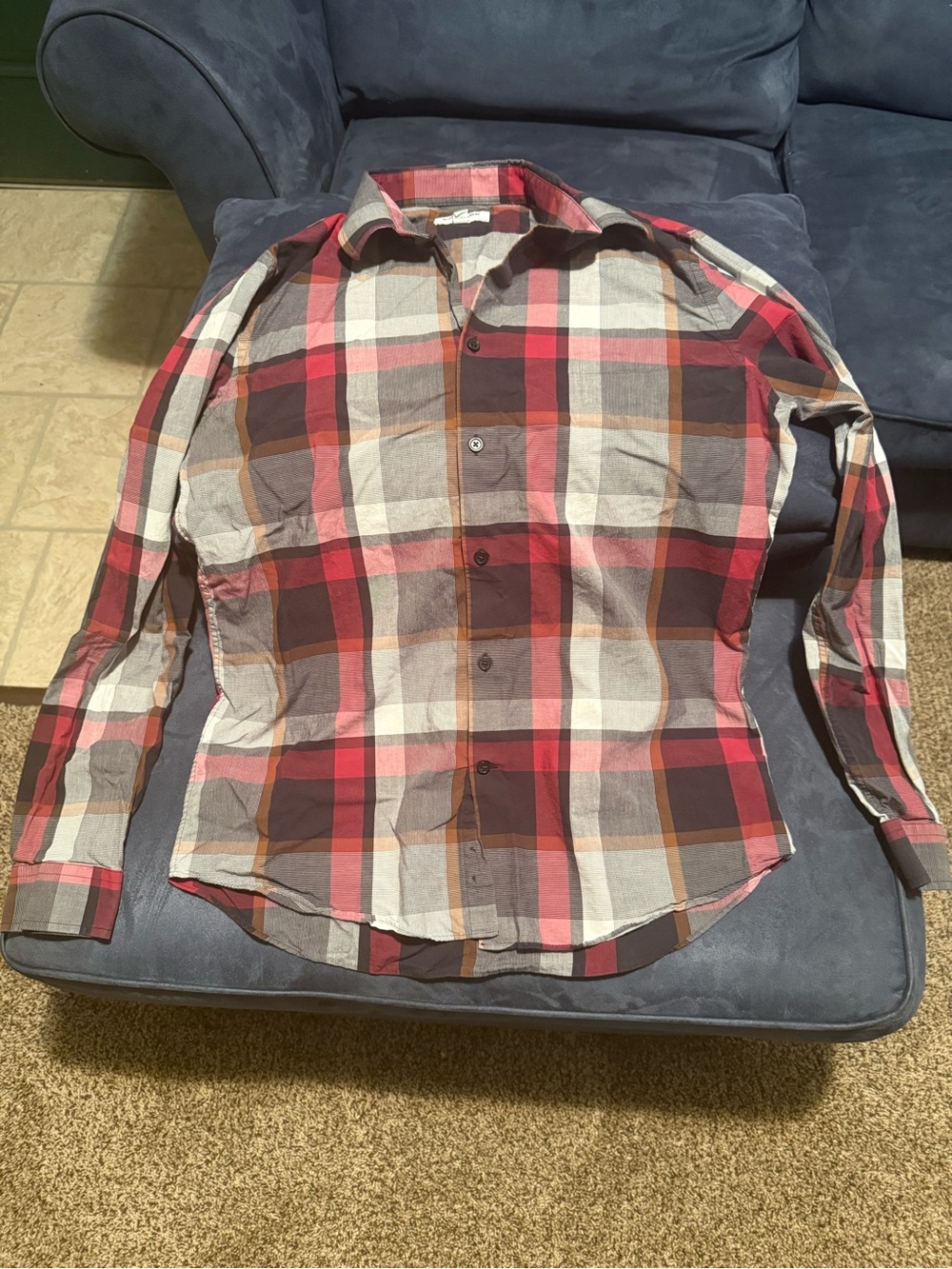 Express Men's Red, Brown and Gray Plaid Button-Down Shirt